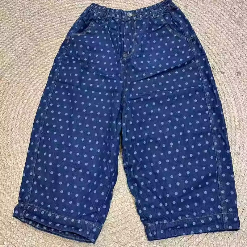 花社9253休闲宽松大码复古做旧波点八分牛仔裤女2025夏季新款潮