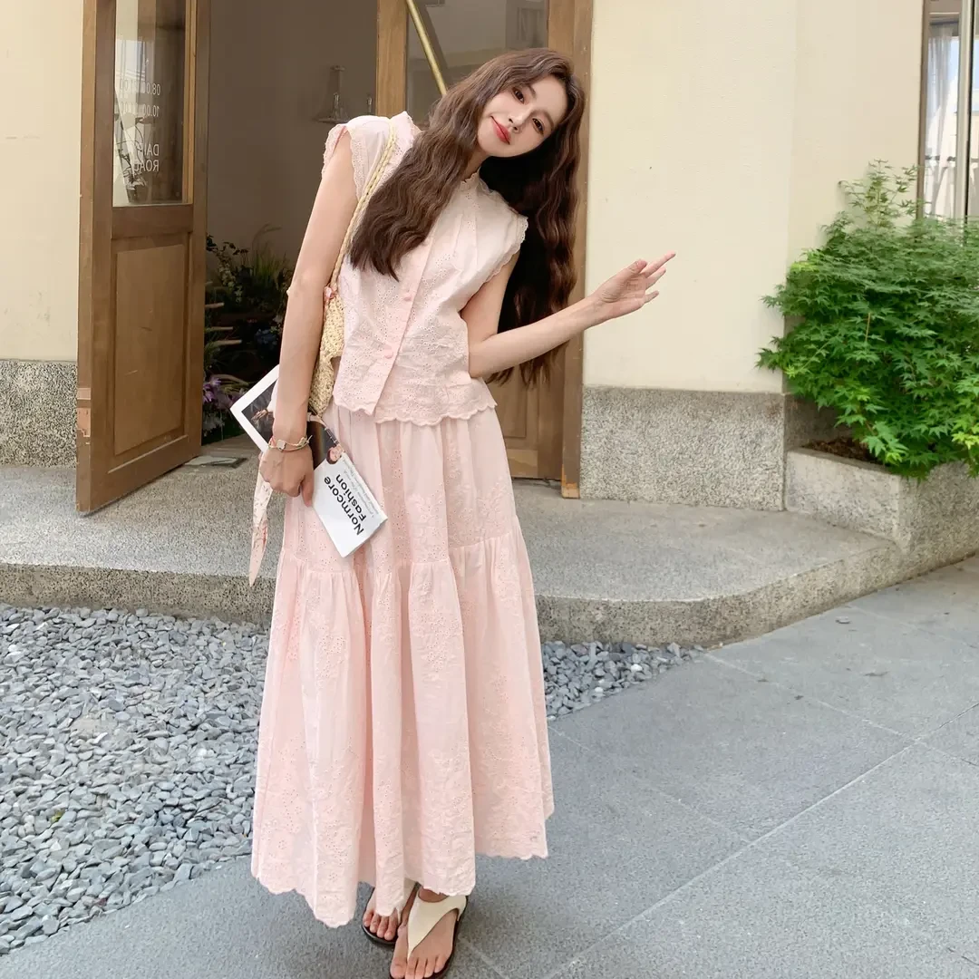 粉色法式重工刺绣蕾丝上衣半身裙两件套女2025夏季甜美少女感套装