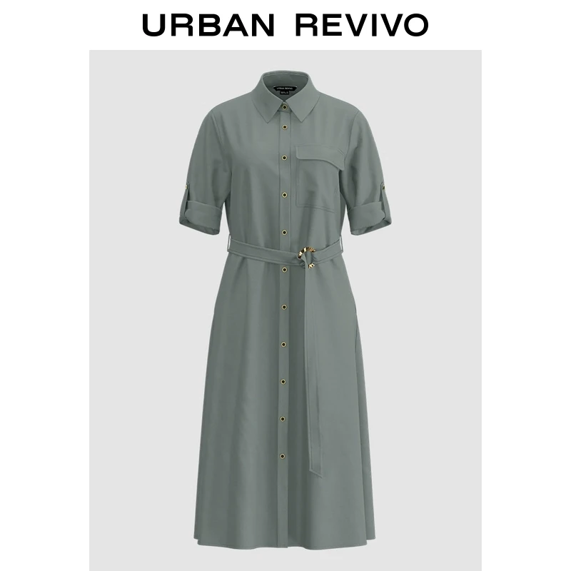UR2025春季新款女装欧若风优雅气质腰带纽扣短袖连衣裙UWG750023