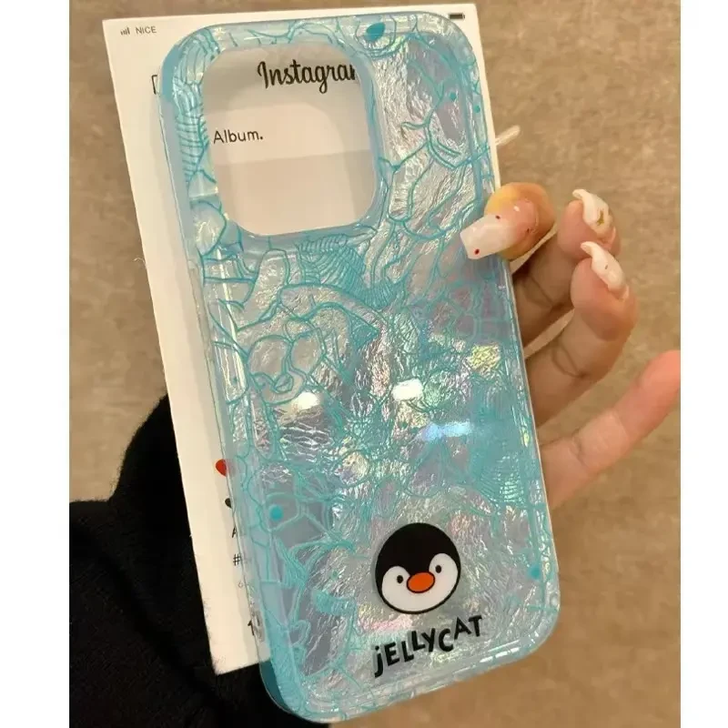线条奶蓝企鹅适用iPhone16可爱15/13手机壳苹果14promax冰川纹x