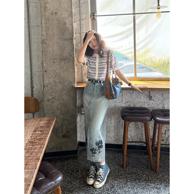 夏季洋气衣服女装温柔风休闲小众减龄立领条纹短袖高腰直筒半身裙