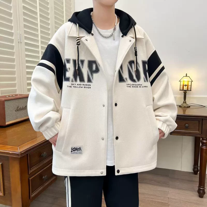 2025春季新款青少年男生时尚翻领可脱卸帽夹克港风潮流百搭款外套