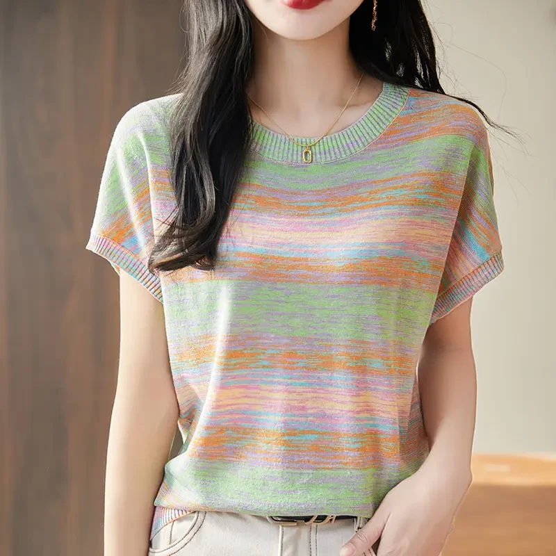 春夏薄款莱赛尔天丝彩虹条纹短袖T恤女圆领冰感透气上衣休闲显瘦