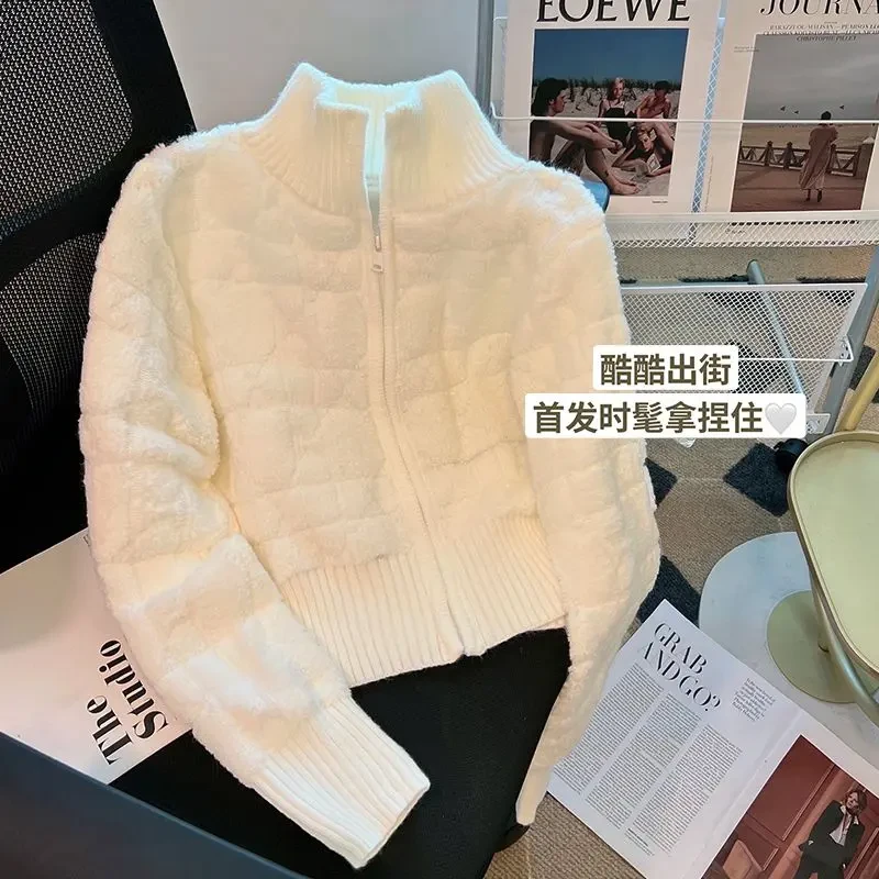 小香风菱格拉链毛衣外套女2025春秋新款气质高领米白色针织上衣