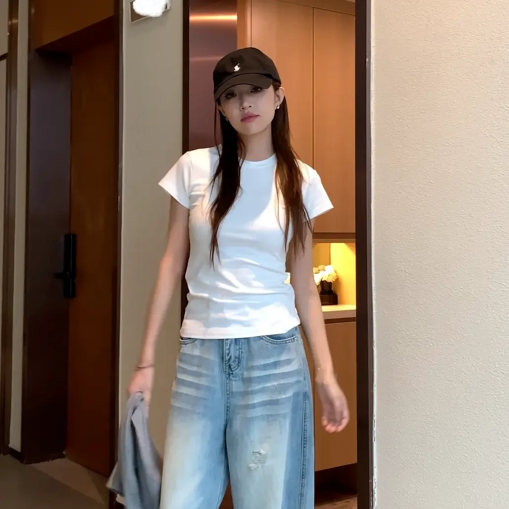 正肩百搭纯棉上衣短款显瘦修身圆领休闲小飞袖短袖T恤女设计感