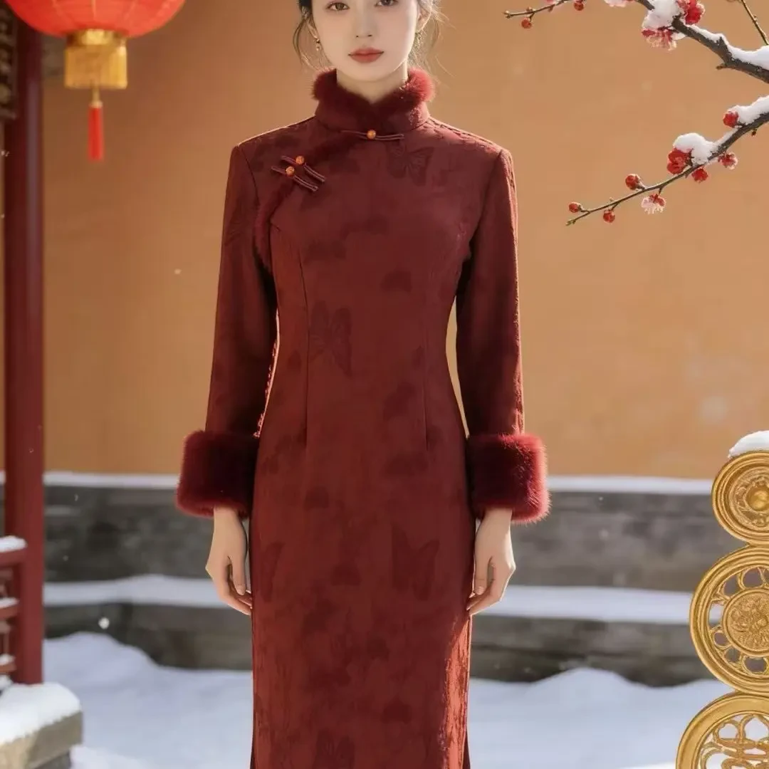 加绒加厚新中式国风红色冬季气质修身显瘦女士连衣裙