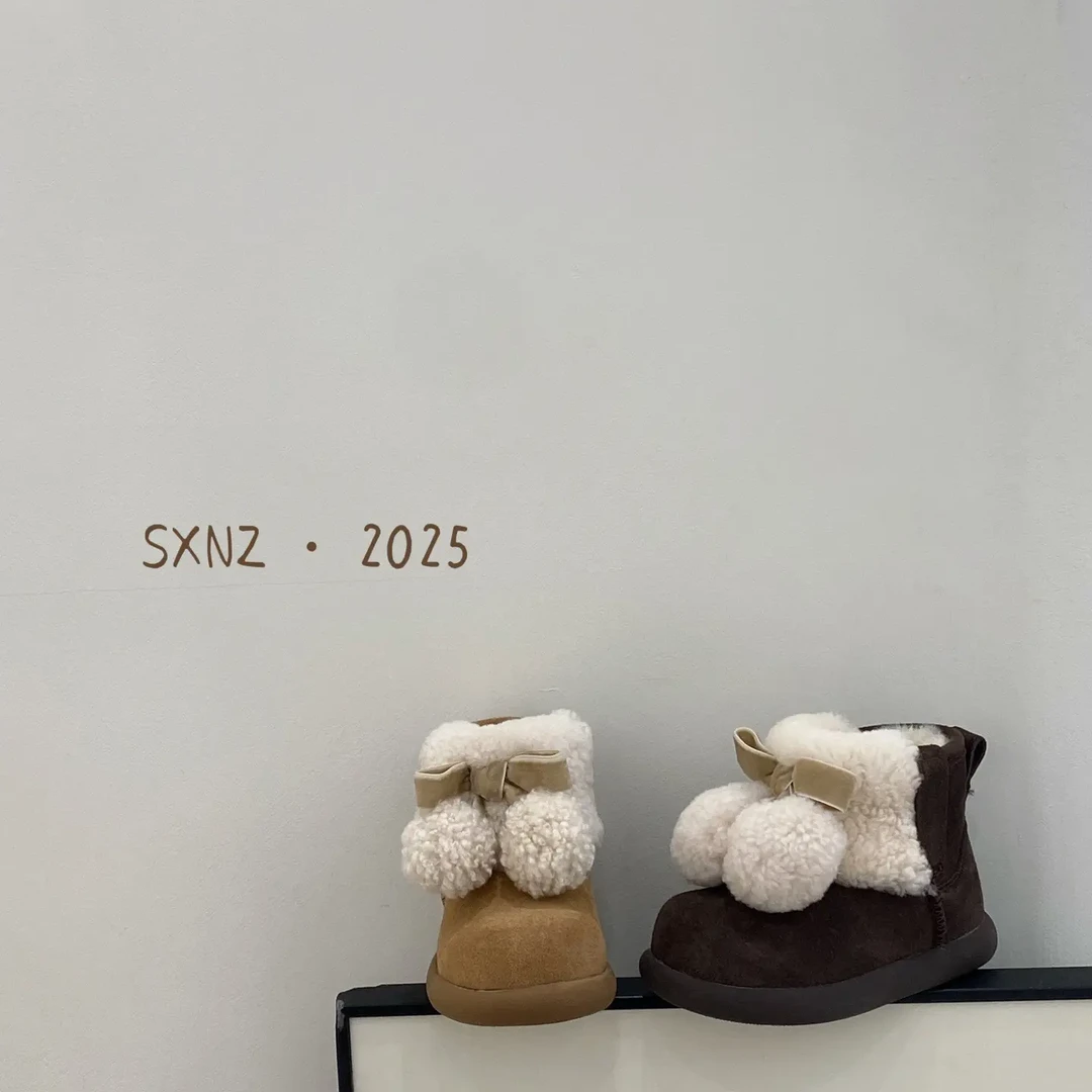 2025女童羊毛雪地靴驼色咖色加绒靴子8003