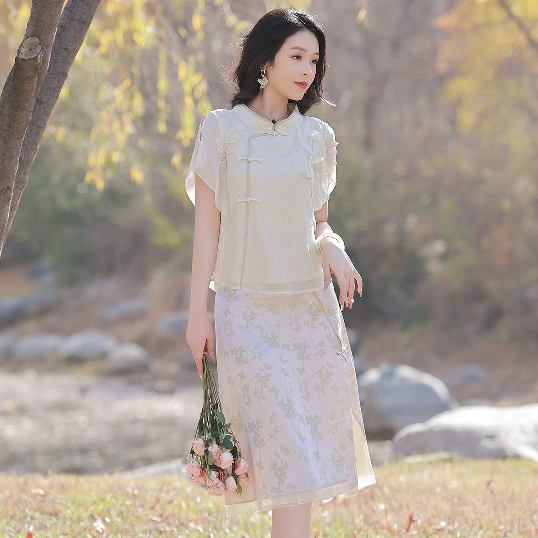 烟花烫新中式国风气质套装女 春夏新款显瘦衬衫半身裙子 皓洁洁皓