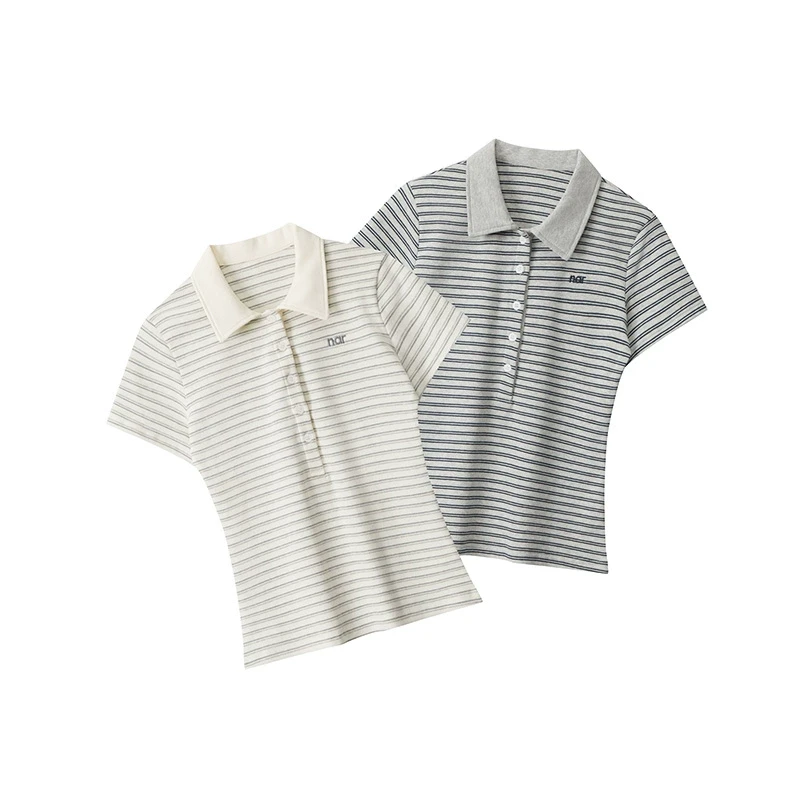 素素本SU条纹亨利短袖t恤女夏季潮流小众polo衫短款修身翻领上衣