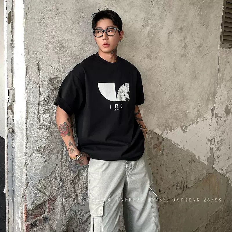 OXFREAK 「斑驳扇形印花」300G纯棉重磅短袖t恤男夏季美式五分袖