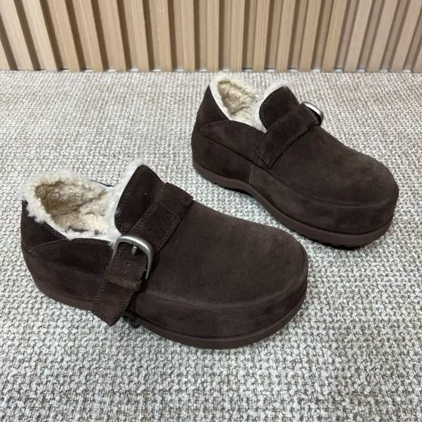 复古真皮两穿勃肯鞋乐福鞋松糕厚底增高加绒保暖女棉鞋冬季