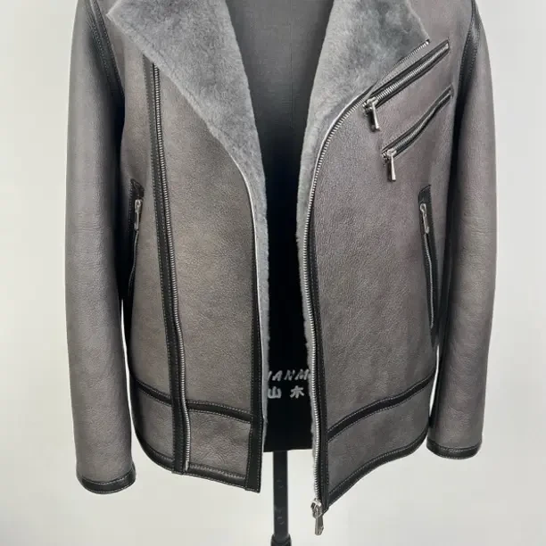 冬季新款外套男士加绒加厚短款翻领机车夹克羊羔毛真皮真毛一体