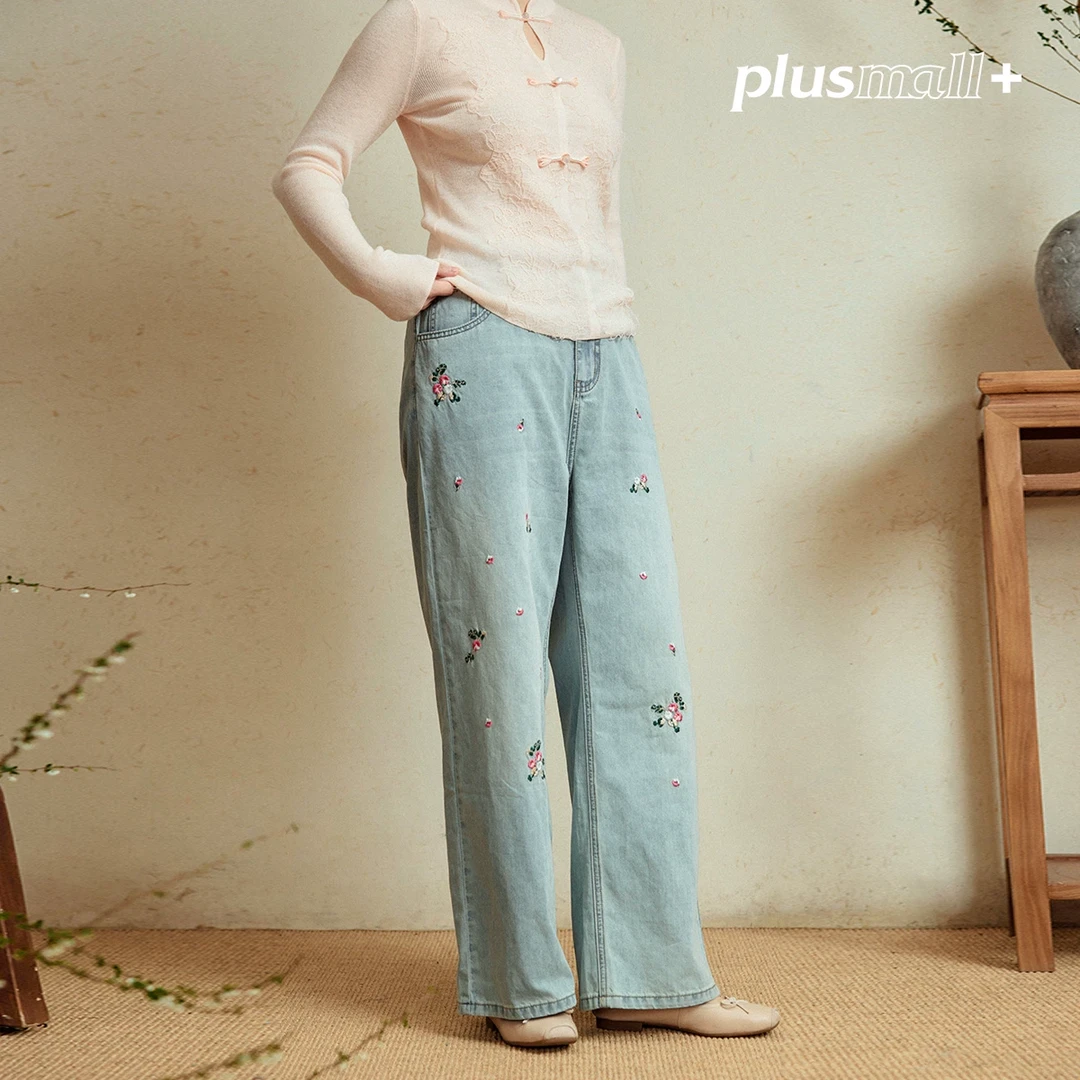 PLUSMALL 浮花丹宁 牛仔重工定位刺绣牡丹花直筒裤PAC2412022