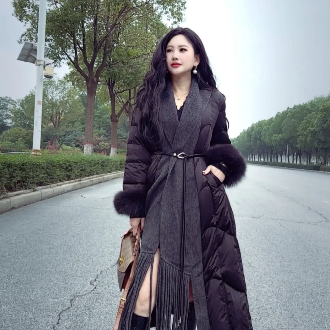 长款中长款V领厚款薄款90%黑色保暖欧美加厚