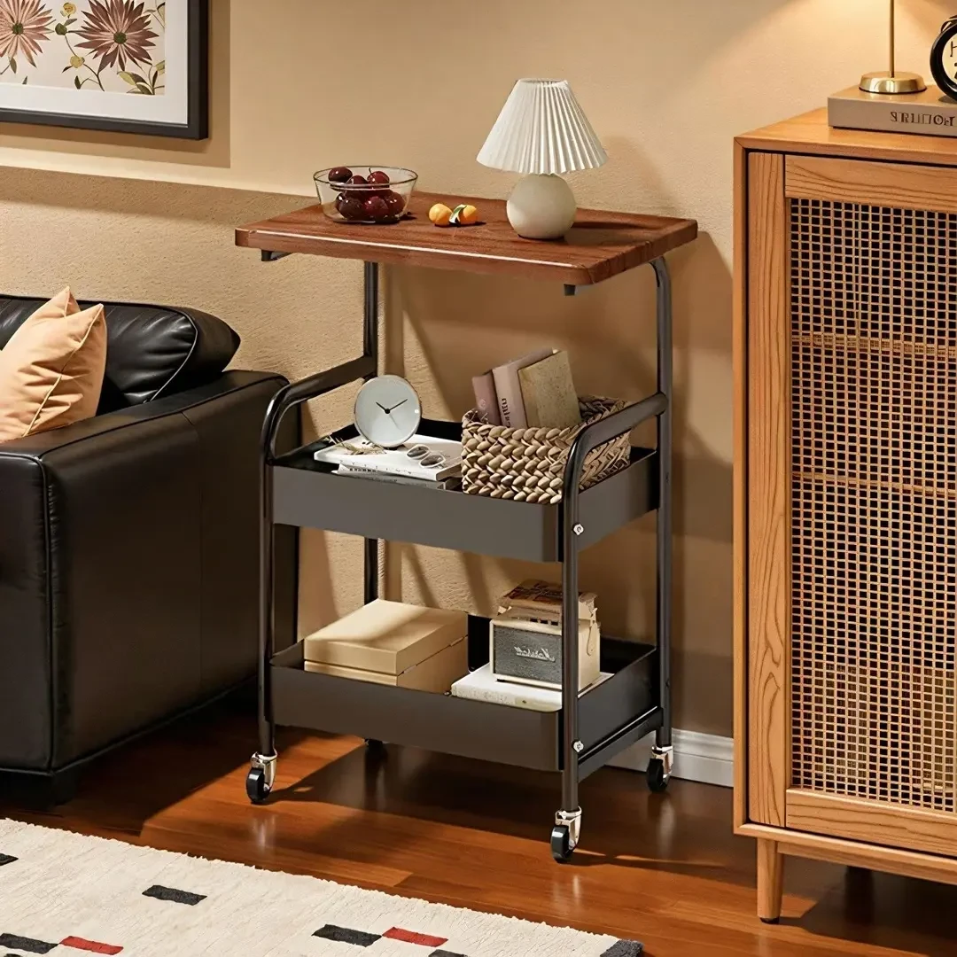 中古风小推车零食置物架复古客厅移动茶几边柜沙发边几收纳小桌子