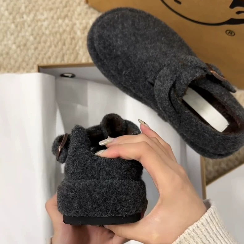 复古厚底增高6CM皮带扣勃肯鞋女一脚蹬加绒保暖毛毛鞋外穿棉鞋子