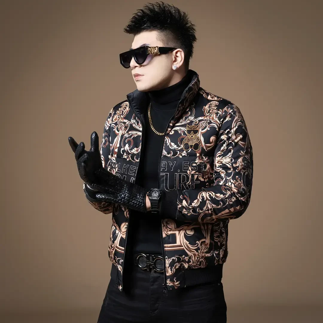 冬季轻奢新款潮时尚烫钻休闲加厚外套男士高端潮流花卉满印羽绒服