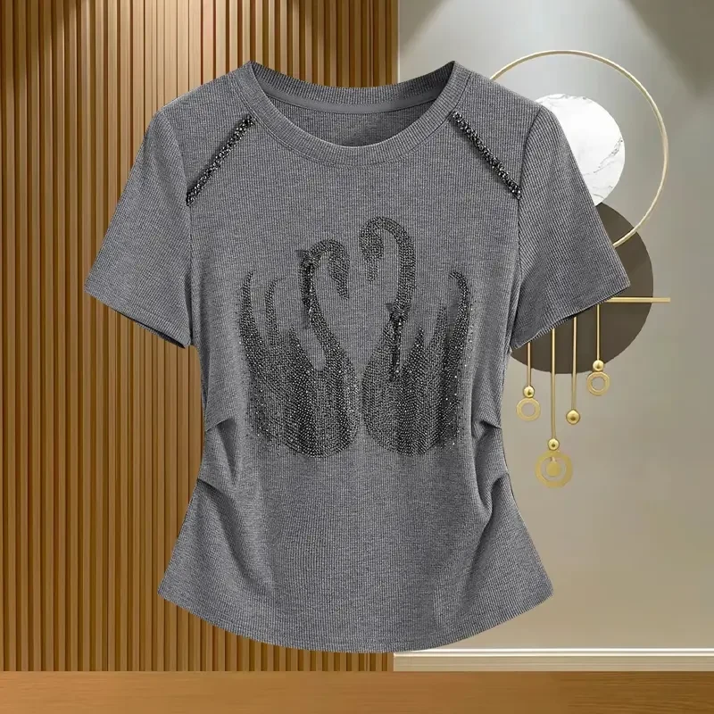 2025夏季新款时尚洋气灰色短袖T恤女重工烫钻捏褶显瘦上衣女