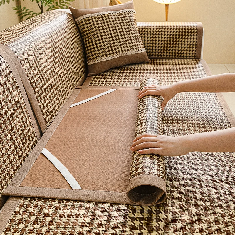2024新款夏季凉感藤席沙发垫子冰丝凉席直排坐垫夏天防滑套罩盖布
