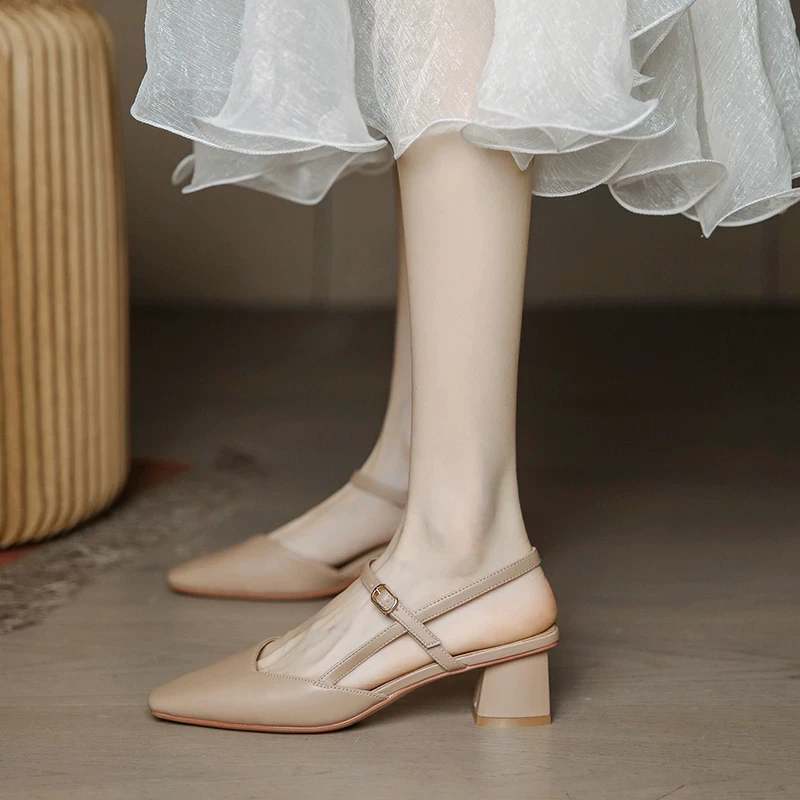 万达撤柜头层牛皮玛丽珍单鞋粗跟夏季裸色高跟鞋女中跟包头凉鞋女