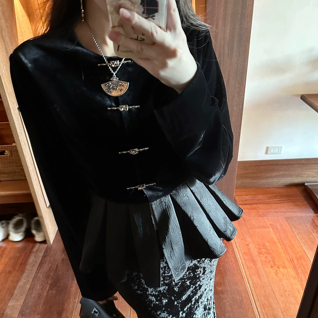 4折Howalook 松墨丝绒 新中式国风套装丝绒鱼尾裙竹叶一字扣