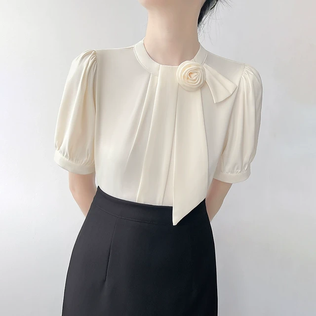 可拆卸立体花朵飘带短袖衬衫女士夏季新款法式气质缎面上衣