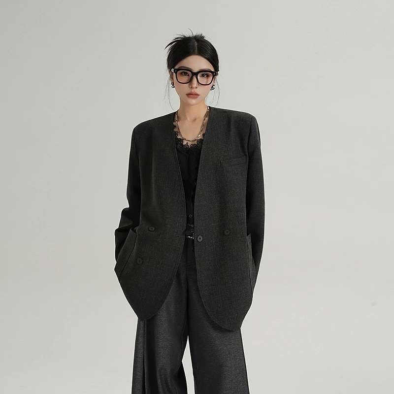 SRYS AME无领气质感宽松中长款V领西装外套长袖上衣春秋季新款女