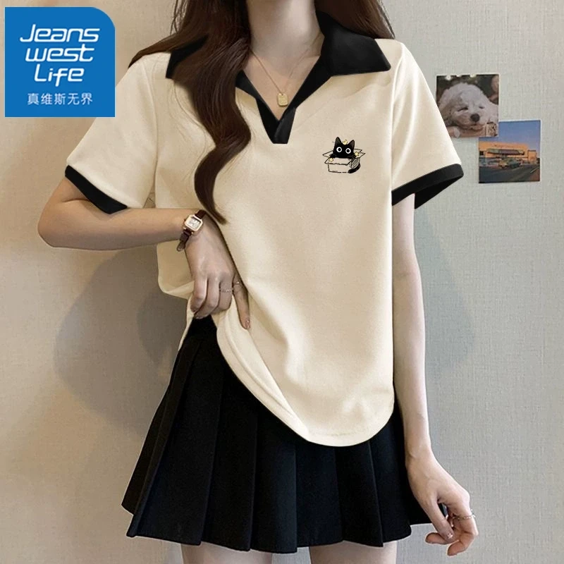 真维斯无界米色polo领短袖t恤女夏季2025新款纯棉翻领撞色小个子