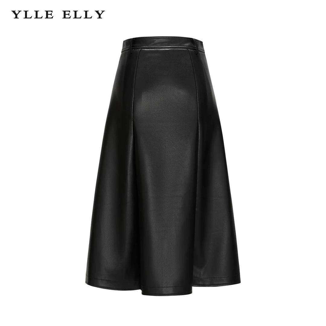 【商场同款】纯色百褶裙新款高腰皮质半身长裙