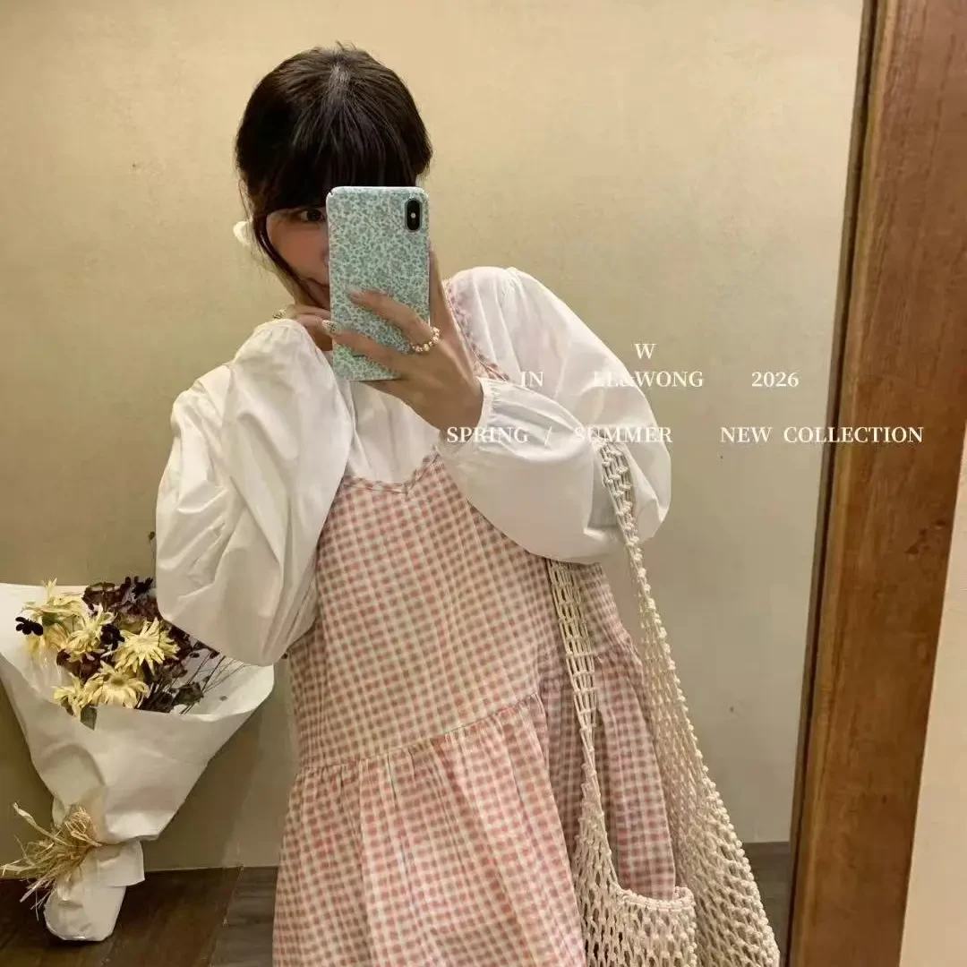 米洛洛 慵懒风少女感格纹吊带衬衫套装