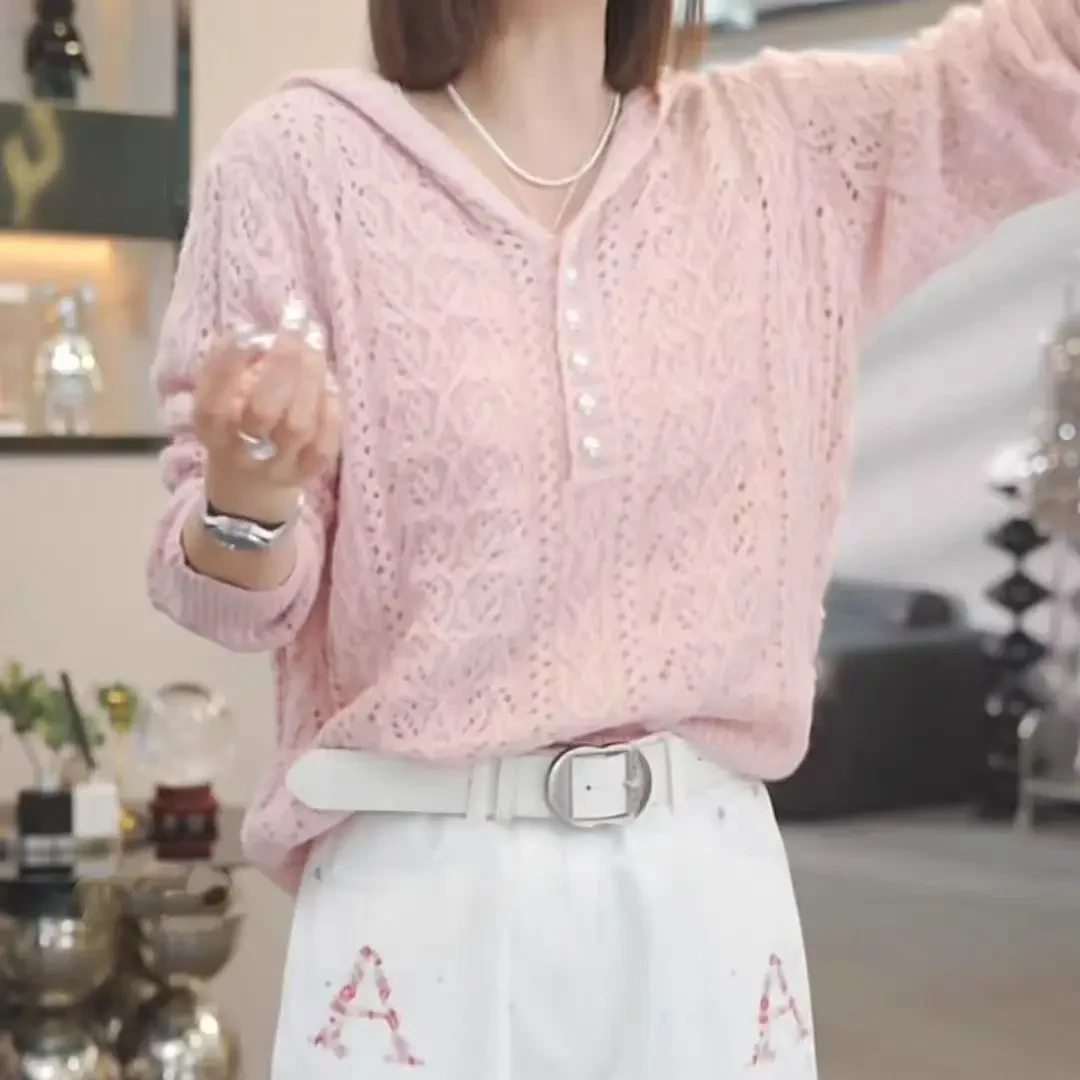 2025春夏针织连帽显瘦气质长袖开衫女新款时尚【万古长春】遮肉镂空