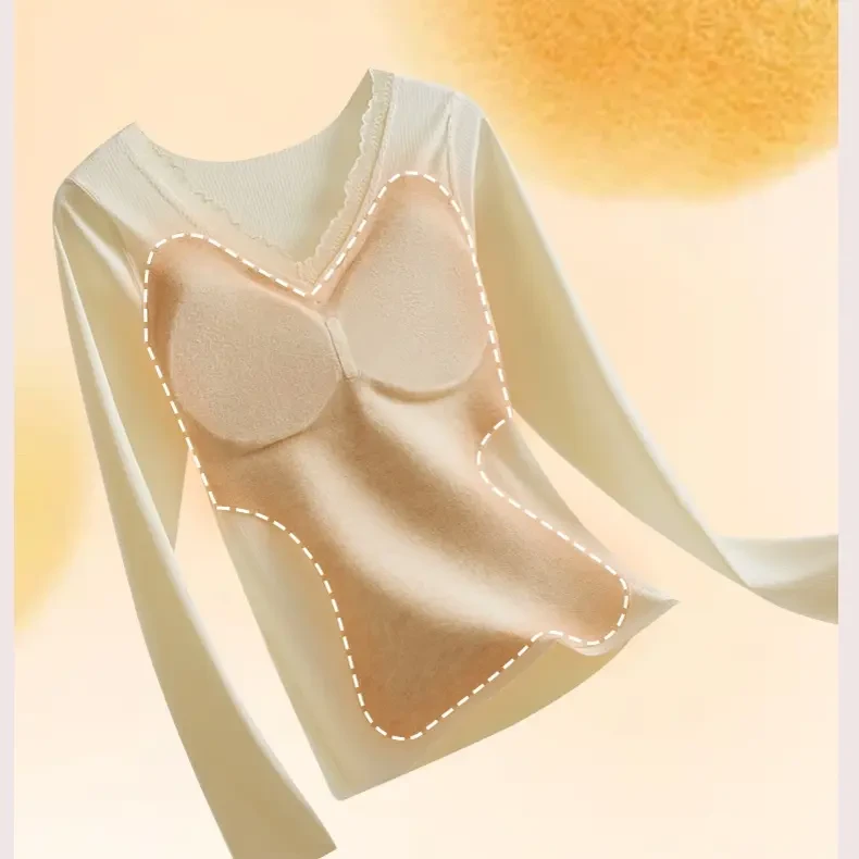 女士秋冬新款暖绒蚕丝自带胸垫修身保暖内衣套装