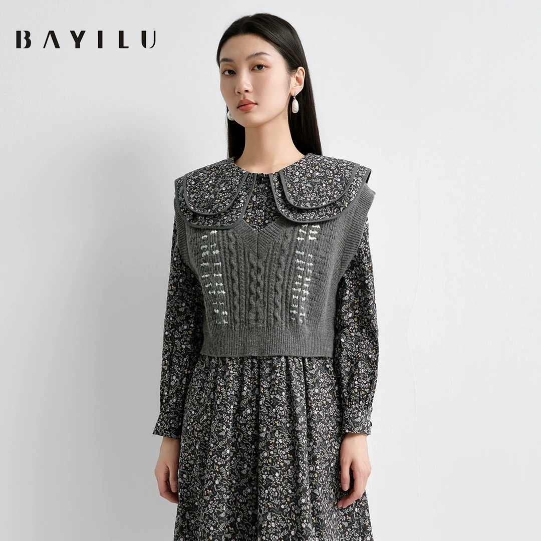 【小花】芭依璐2025春季背心毛衣女v领短款马甲91S0005