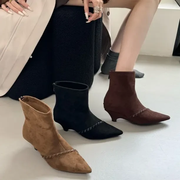 513-5细跟粗跟气质马丁靴方头单靴时装靴尖头勃肯靴女鞋