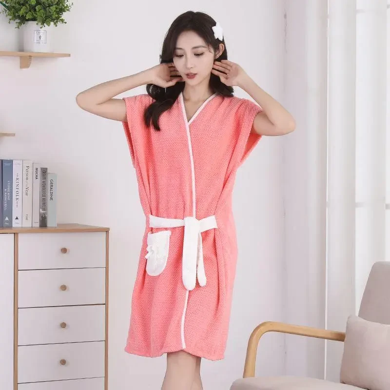 夏季薄款无袖成人可穿式女系带浴袍吸水速干浴巾不掉毛柔软睡袍