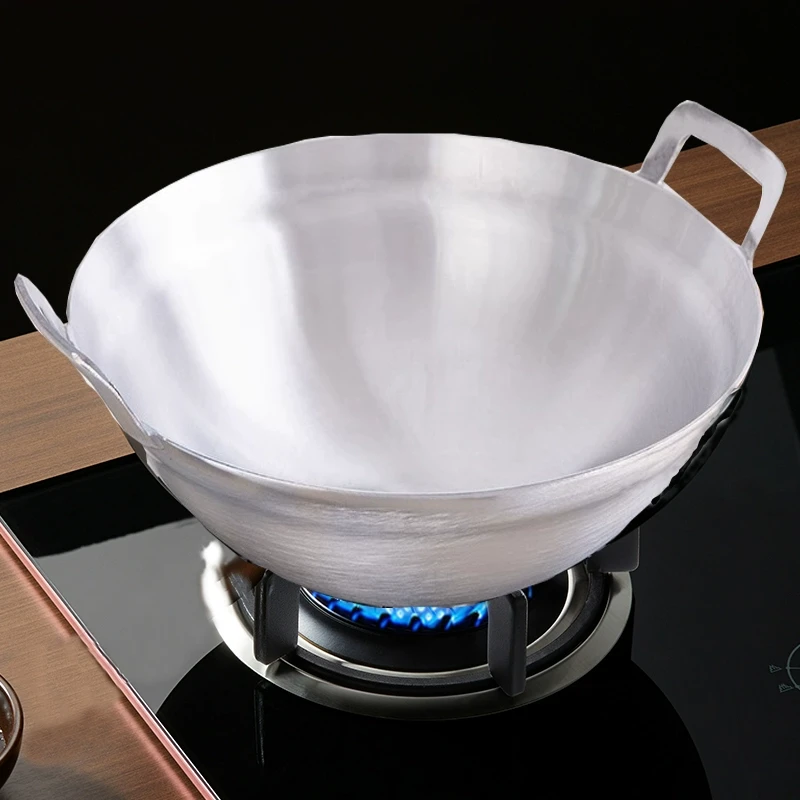 老式加厚铝锅家用小炒锅双耳大铝锅圆底无涂层大号加深炒锅燃煤气