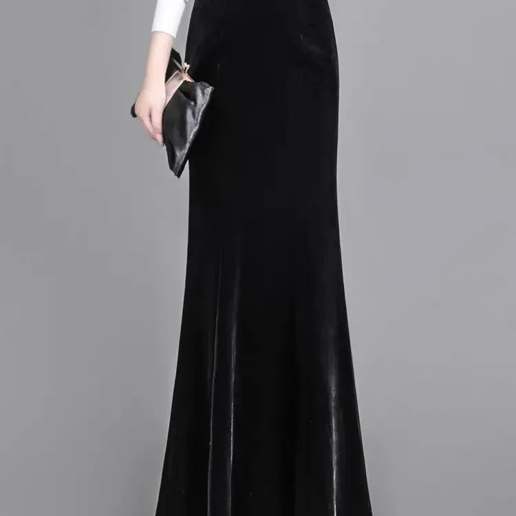 高腰显瘦黑色金丝绒鱼尾半身长裙时尚优雅气质感满满半身裙