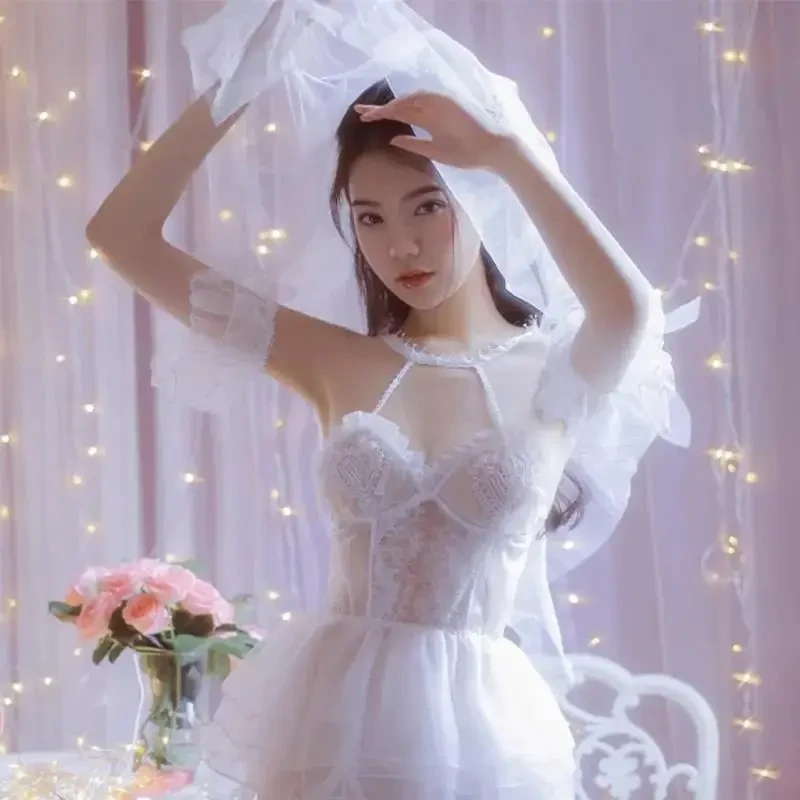 ydy气质新娘女制服角色扮演蕾丝清纯甜美婚纱性感透明公主白色