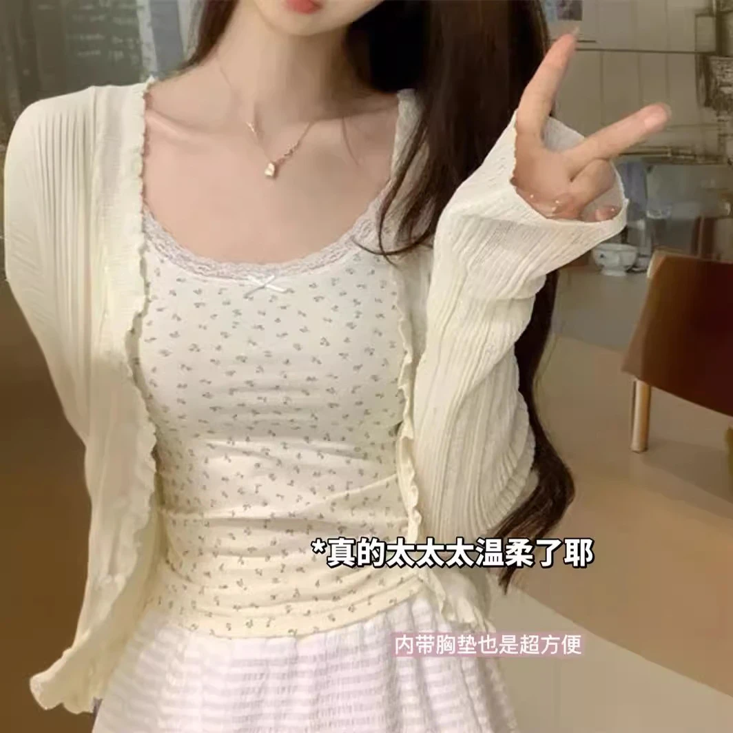 ins小碎花吊带美背背心超火辣妹蕾丝一体带胸垫裹胸外穿打底上衣