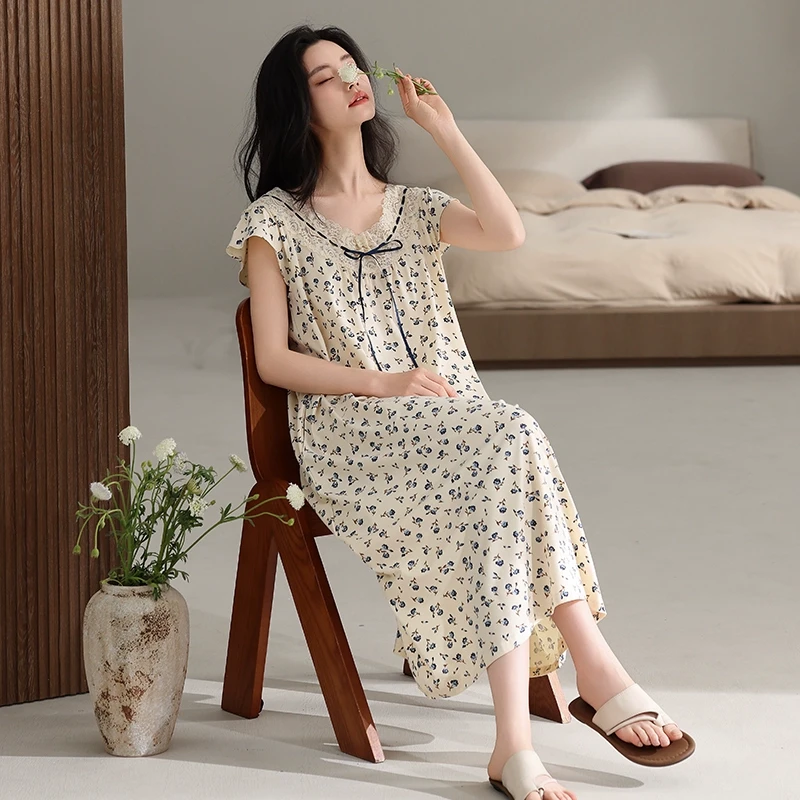 猫人女睡裙夏季纯棉夏天宽松新款甜美少女碎花可外穿家居服连衣裙