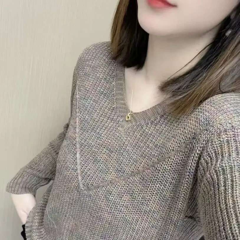 【店铺热销】2025新款v领套头衫长袖宽松春秋幻彩显瘦爆款针织上衣