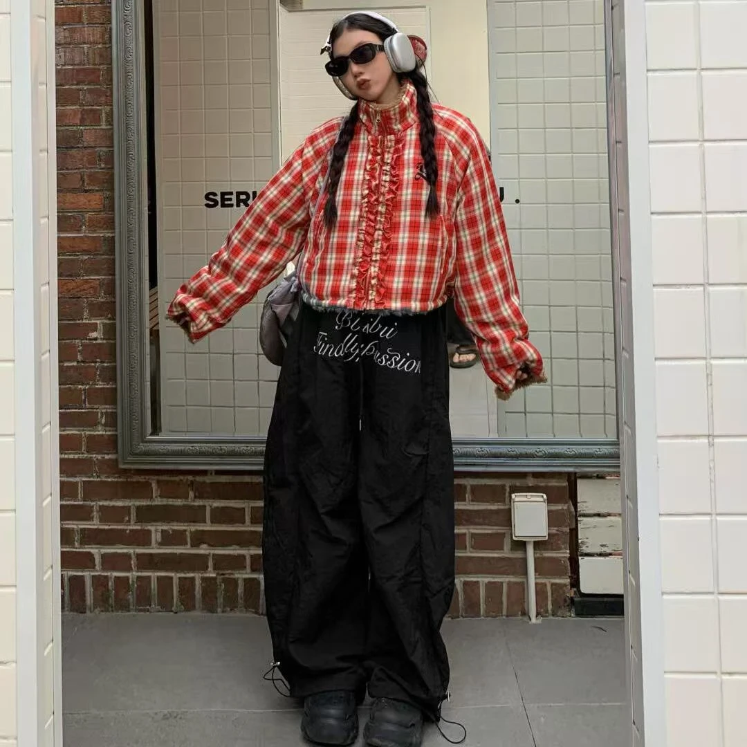 美式格纹羊羔绒短裤棉服女冬季设计感配宽松阔腿弯刀裤时尚套装