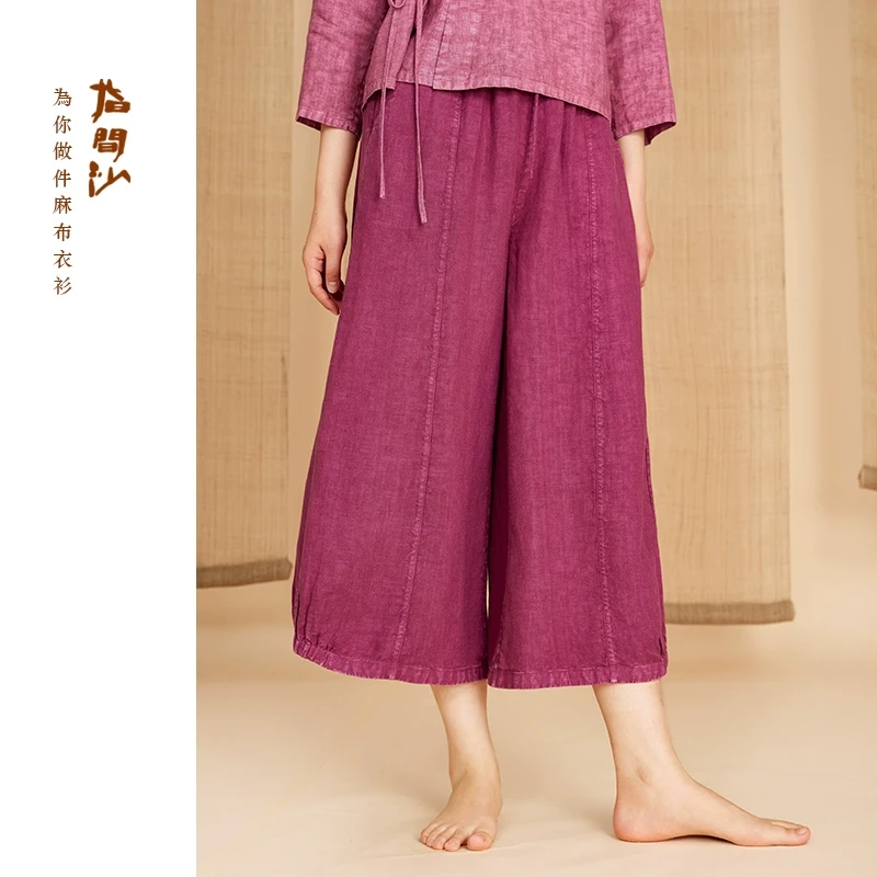 指间沙2512073原创女装25春中式全松紧高腰亚麻阔腿裤中长休闲裤