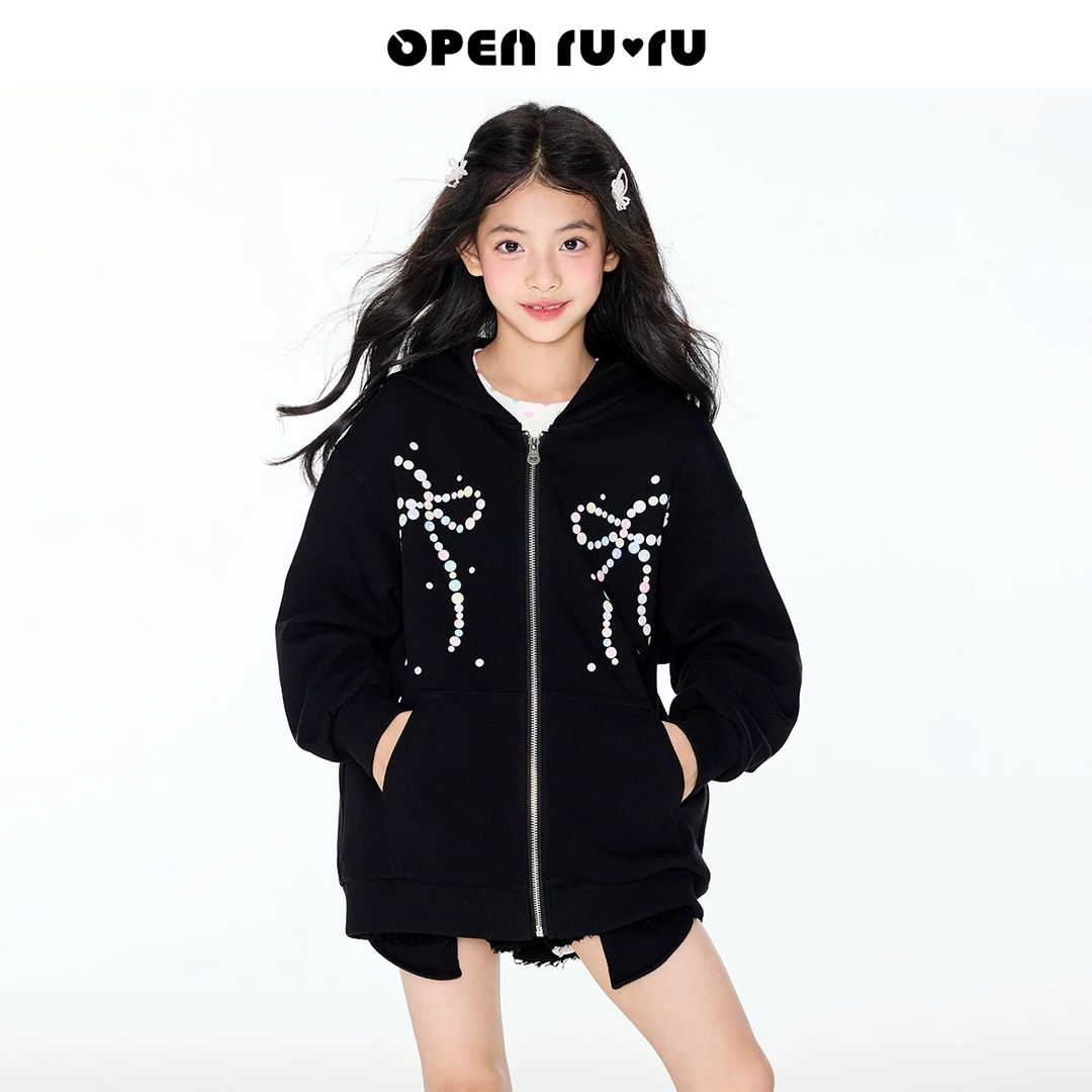 Opennunu女童蝴蝶结连帽外套2025春季中大童设计感黑色长袖上衣