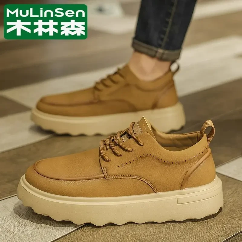 木林森男鞋二棉板鞋秋季百搭潮皮面防油棕色英伦皮鞋商务男士运动