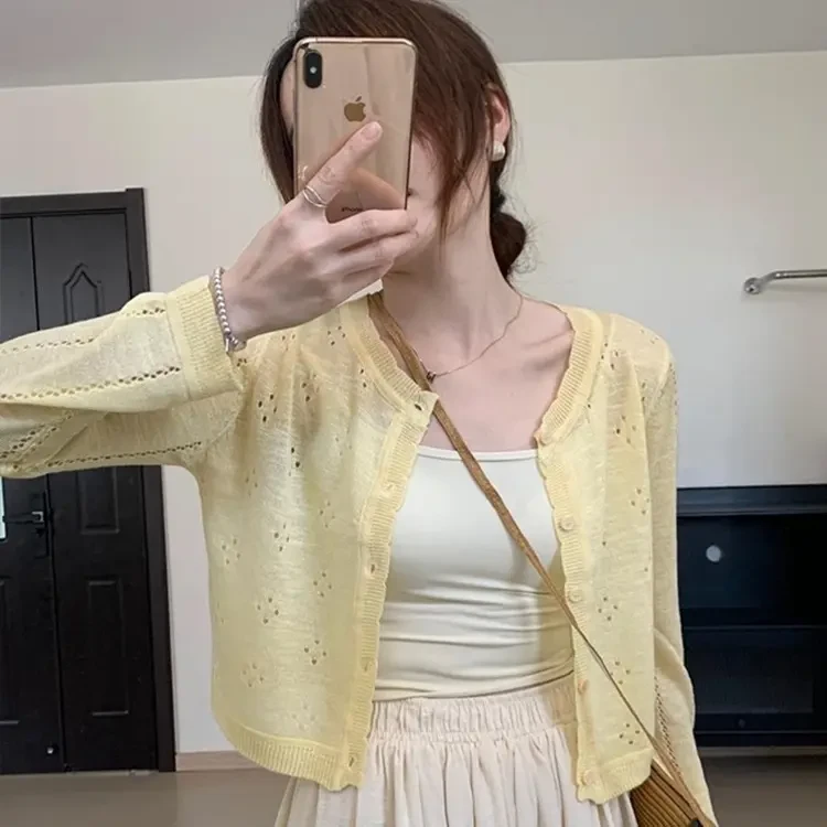 韩版镂空竹节麻针织开衫外套女夏季镂空薄款网红洋气炸街女装