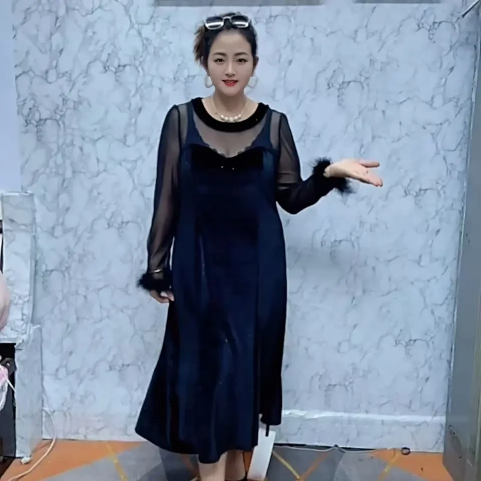 木耳边拼接半高领弹力宽松显瘦韩版欧货连衣裙