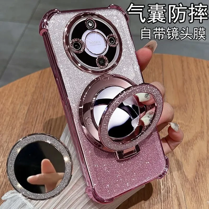 适用荣耀X70手机壳闪粉补妆镜支架荣耀X60i简约X50GT/x40全包防摔