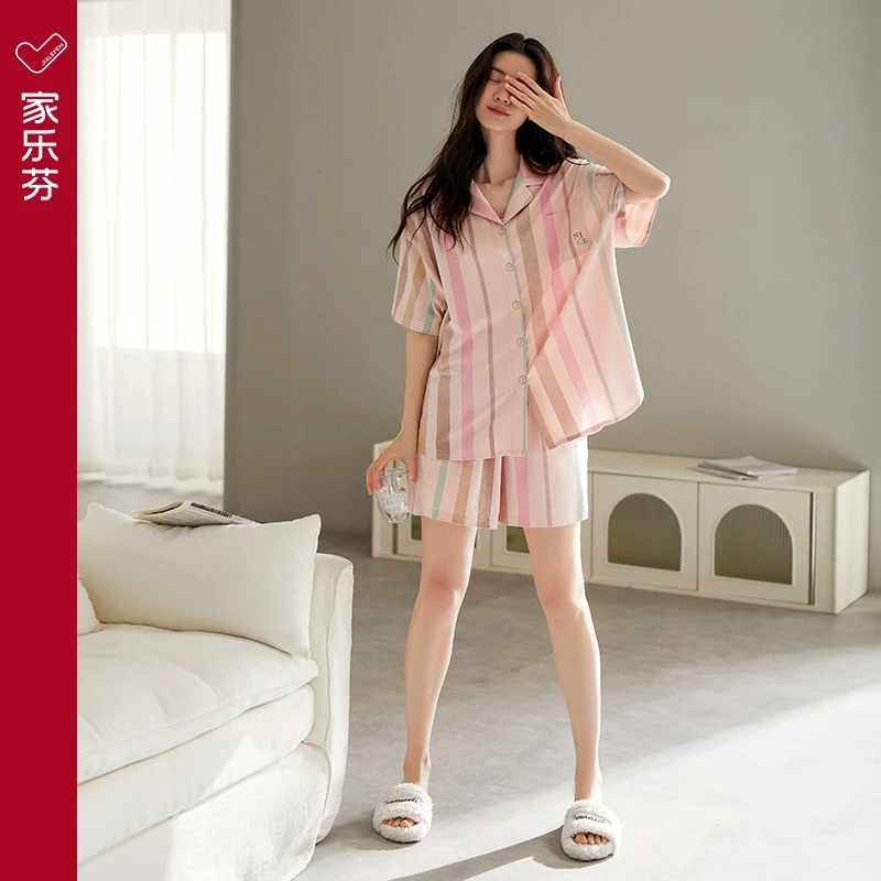 家乐芬睡衣女士夏季夏天短袖短裤莫代尔家居服甜美温柔风套装大码