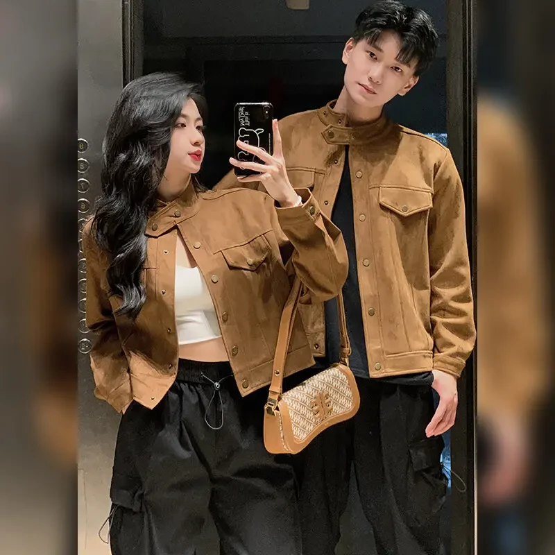 美拉德复古仿麂皮绒短款外套男春秋高级感痞帅立领机车服情侣夹克